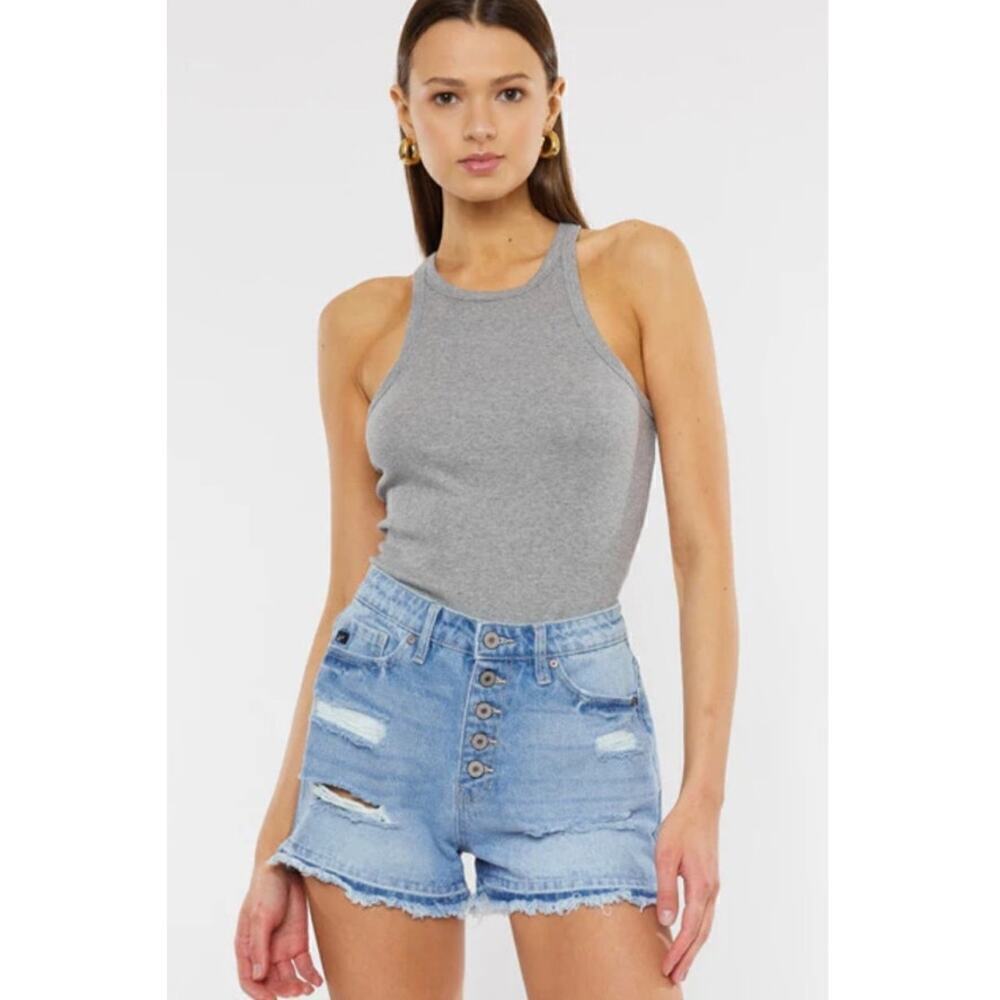 NWT Kancan Ultra High Rise Button Fly Jean Short size XL, Light Wash, Distressed